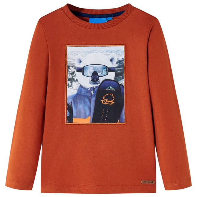 Langærmet T-shirt til børn str. 116 rustfarvet