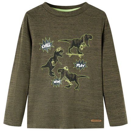 Langærmet T-shirt til børn str. 128 kakimeleret