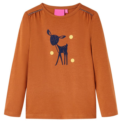 Langærmet T-shirt til børn str. 116 cognacfarvet