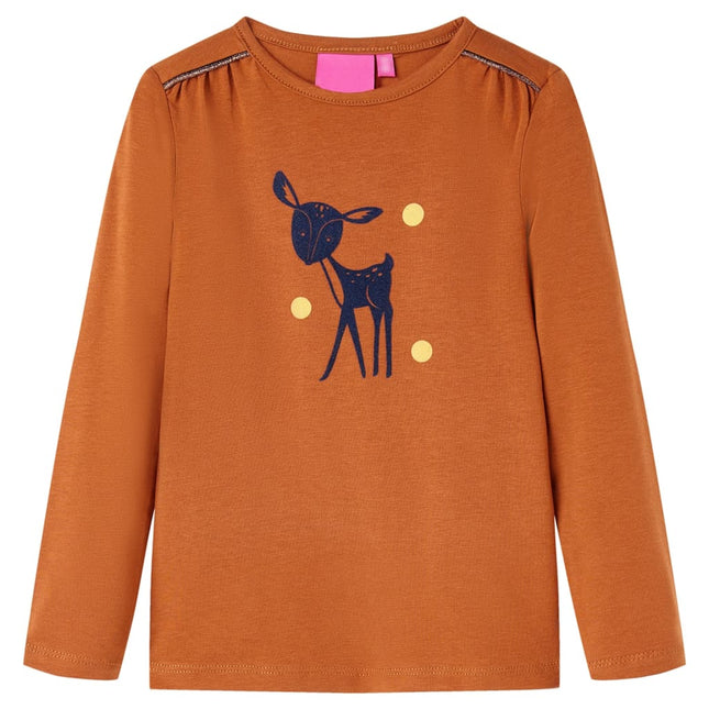Langærmet T-shirt til børn str. 116 cognacfarvet