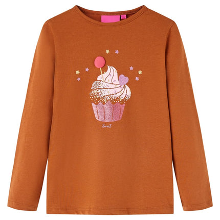 Langærmet T-shirt til børn str. 104 cognacfarvet