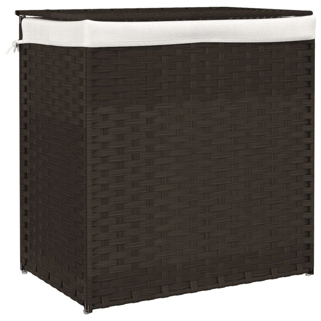 vasketøjskurv med 2 sektioner 53x35x57 cm polyrattan mørkebrun