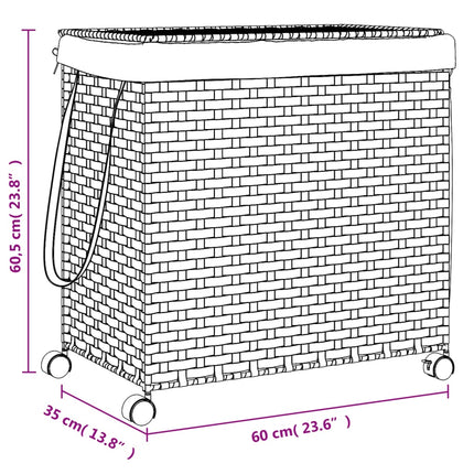 vasketøjskurv med hjul 60x35x60,5 cm rattan mørkebrun
