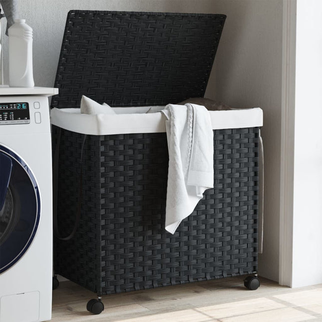 vasketøjskurv med hjul 60x35x60,5 cm rattan sort