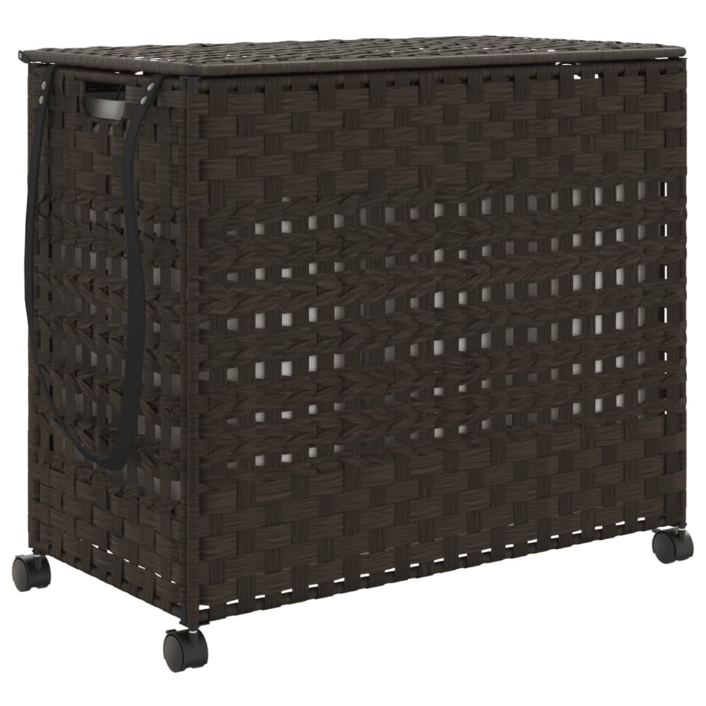 vasketøjskurv med hjul 66x35x60 cm rattan mørkebrun
