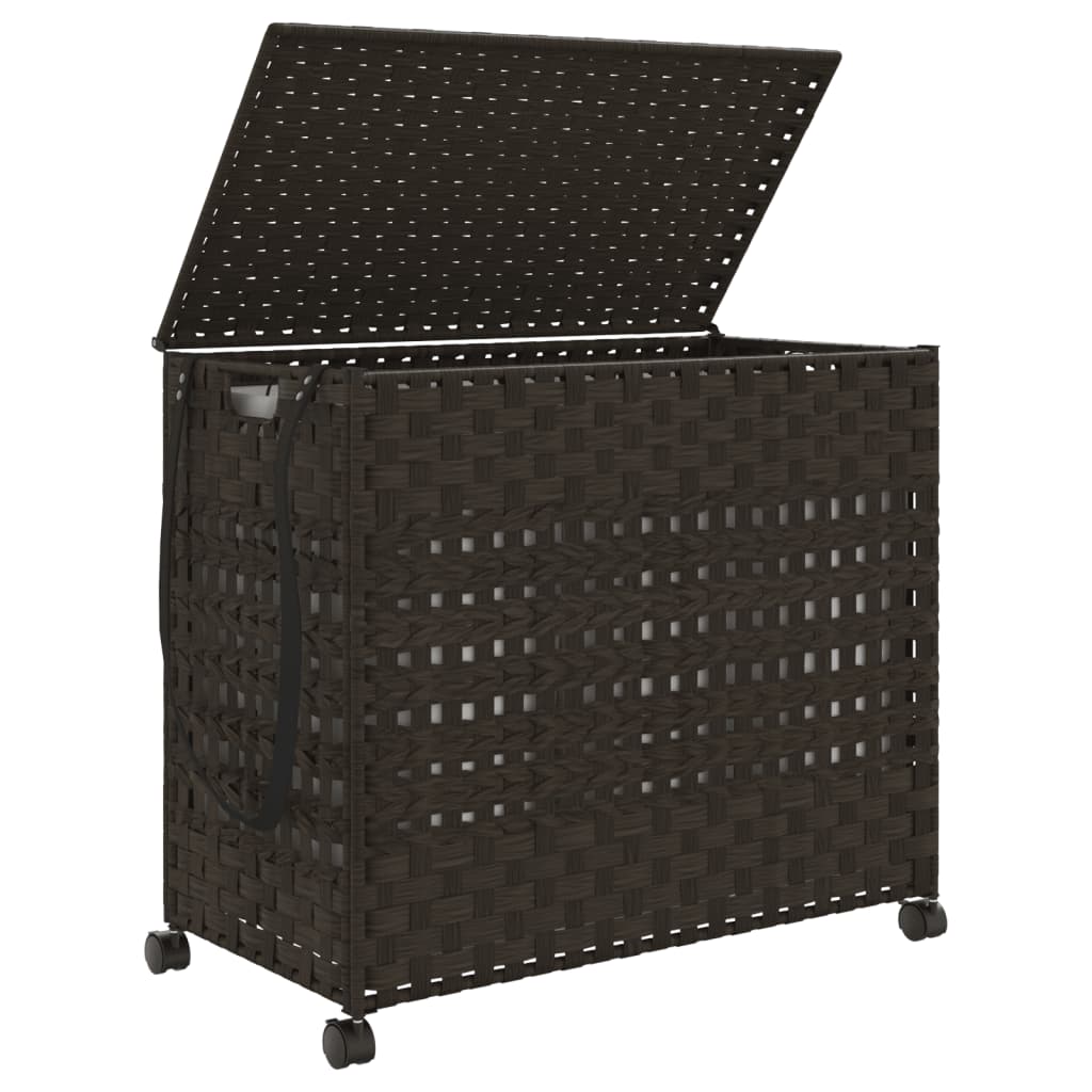 vasketøjskurv med hjul 66x35x60 cm rattan mørkebrun