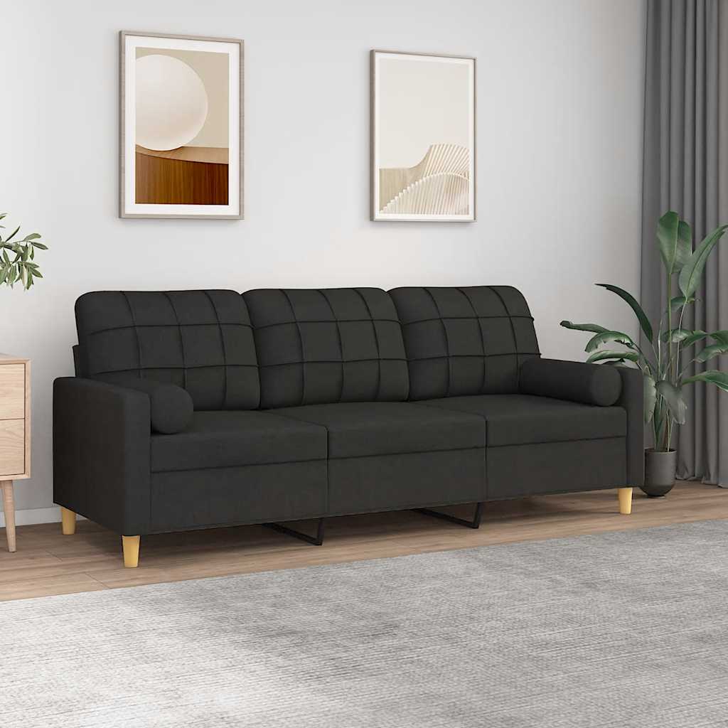 3-personers sofa med pyntepuder - stof, sort, 180 cm sædebredde