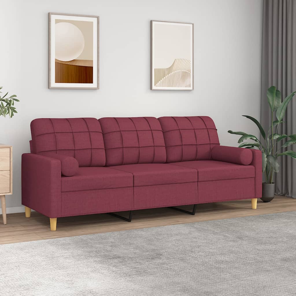 3-personers sofa med pyntepuder i stof - vinrød, 198 cm