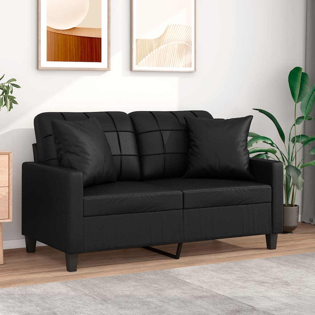 2-personers sofa med pyntepuder 120 cm kunstlæder sort billede