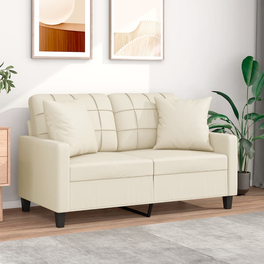 2-personers sofa med pyntepuder 120 cm kunstlæder cremefarvet billede