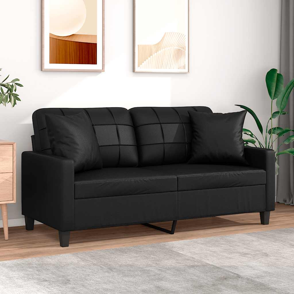 2-personers sofa i kunstlæder med pyntepuder, sort - sædebredde 140 cm