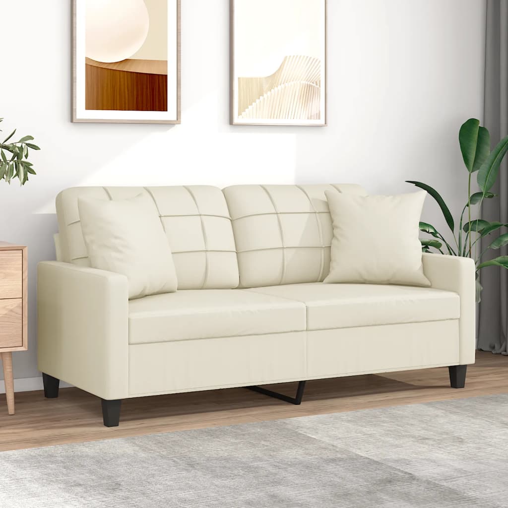 2-personers sofa i kunstlæder med pyntepuder - creme, 140 cm sædebredde
