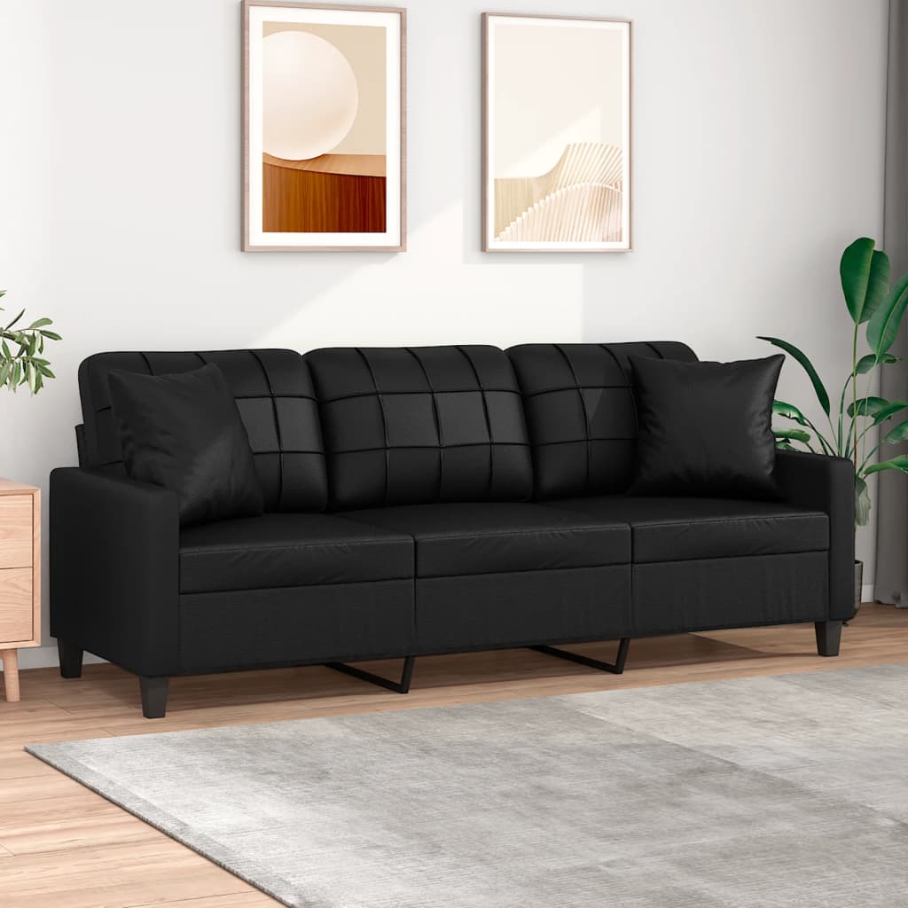 3-personers sofa med pyntepuder 180 cm kunstlæder sort billede