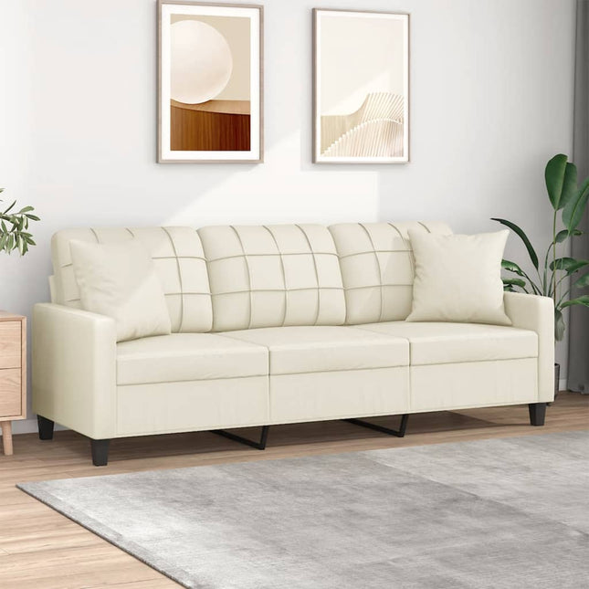 3-personers sofa med pyntepuder 180 cm kunstlæder cremefarvet