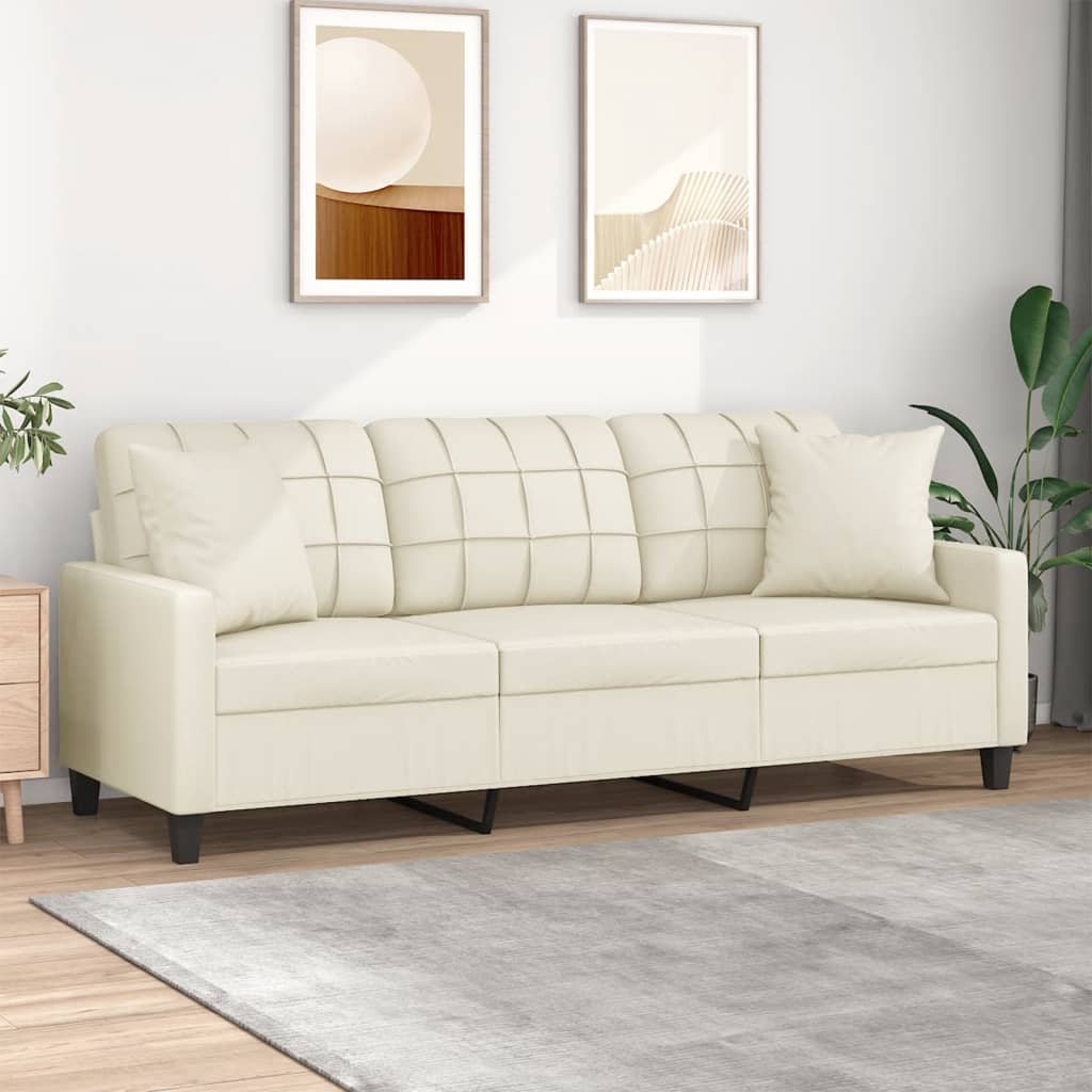 3-personers sofa med pyntepuder 180 cm kunstlder cremefarvet