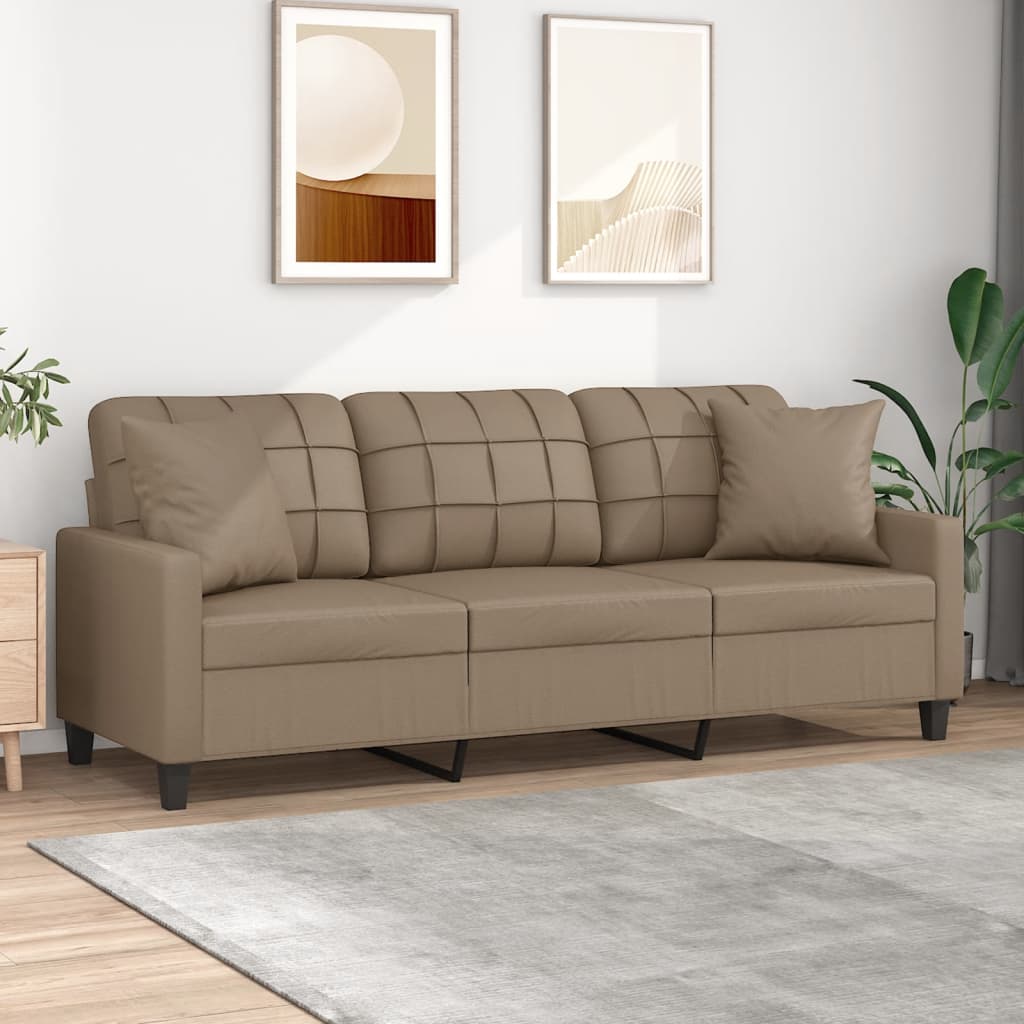 3-personers sofa med pyntepuder 180 cm kunstlder cappuccino