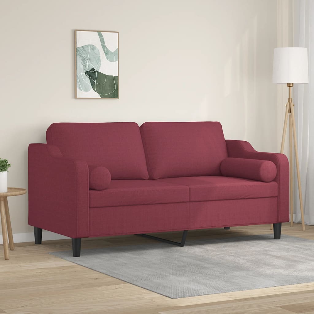 2-personers sofa med pyntepuder - stof, vinrød, sædebredde 140 cm