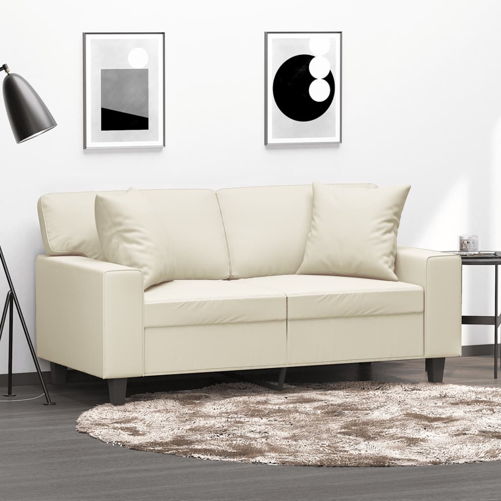 2-personers sofa med pyntepuder 120 cm kunstlder cremefarvet