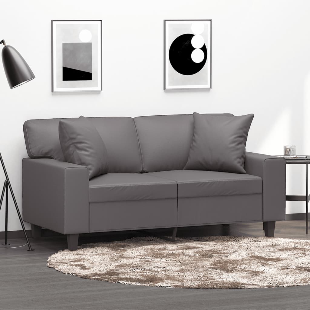 2-personers sofa med pyntepuder 120 cm kunstlæder grå billede