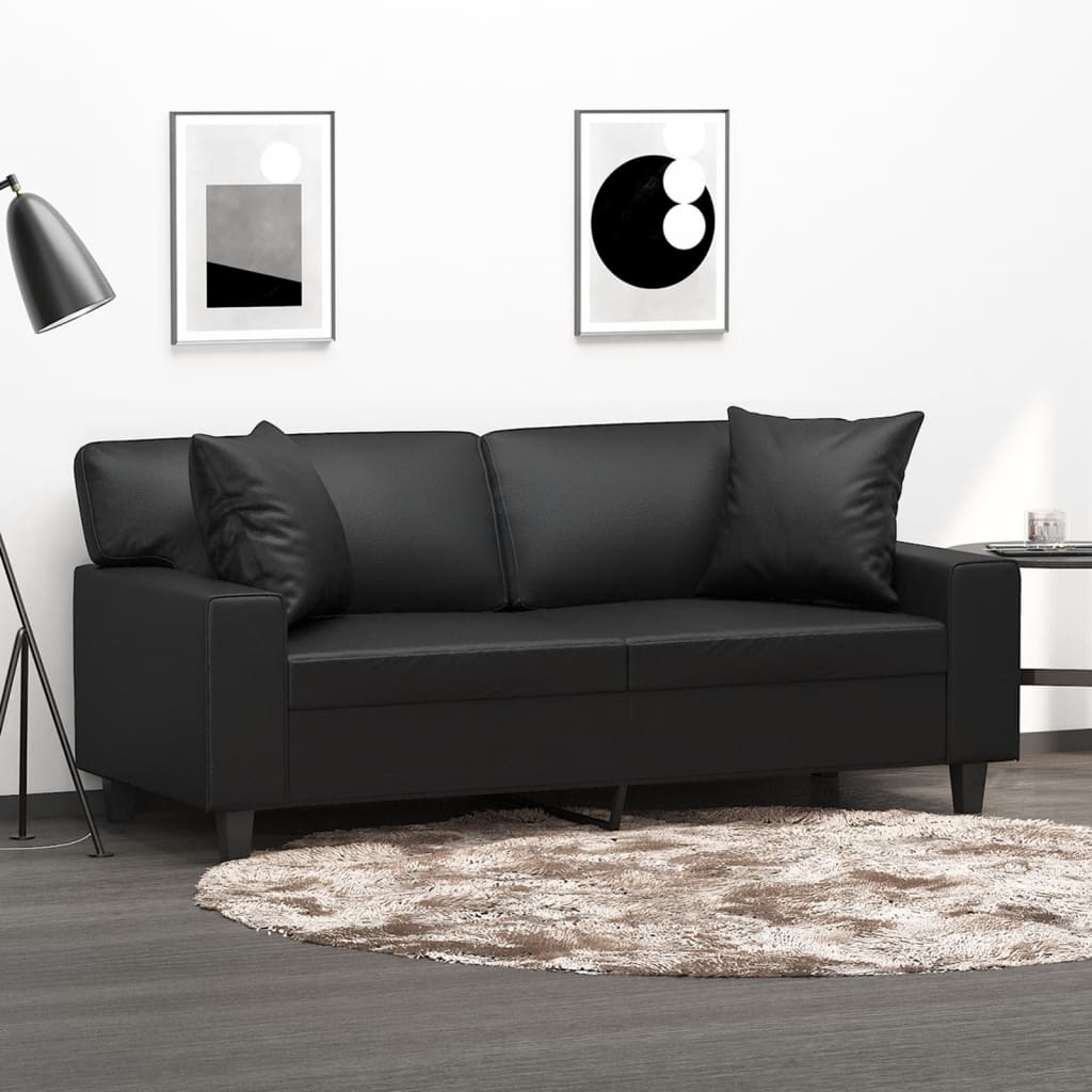 2-personers sofa i kunstlæder med pyntepuder - sort, sædebredde 140 cm