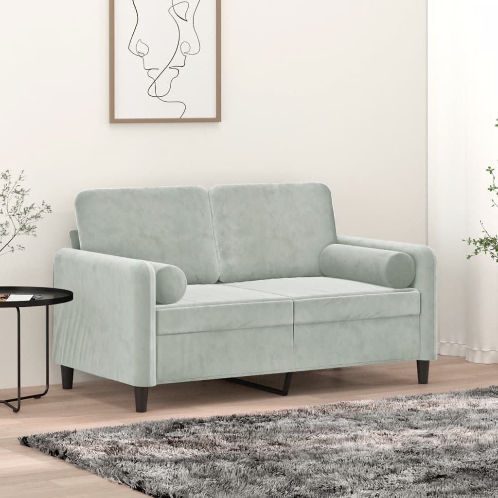 2-personers sofa i velour med pyntepuder - lysegrå, 120 cm sædebredde
