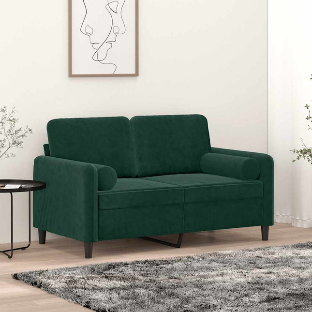 2-personers sofa med pyntepuder 120 cm velour mørkegrøn