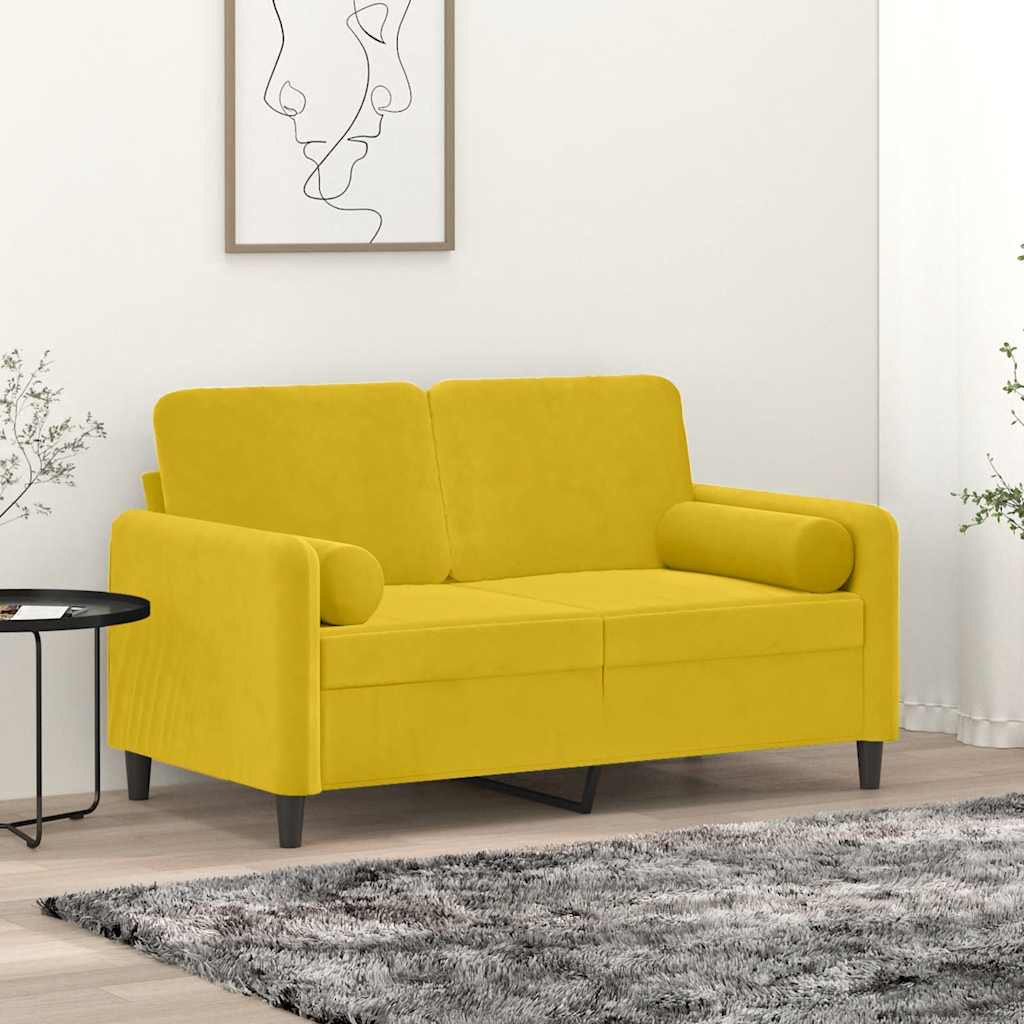 2-personers sofa med pyntepuder 120 cm velour gul