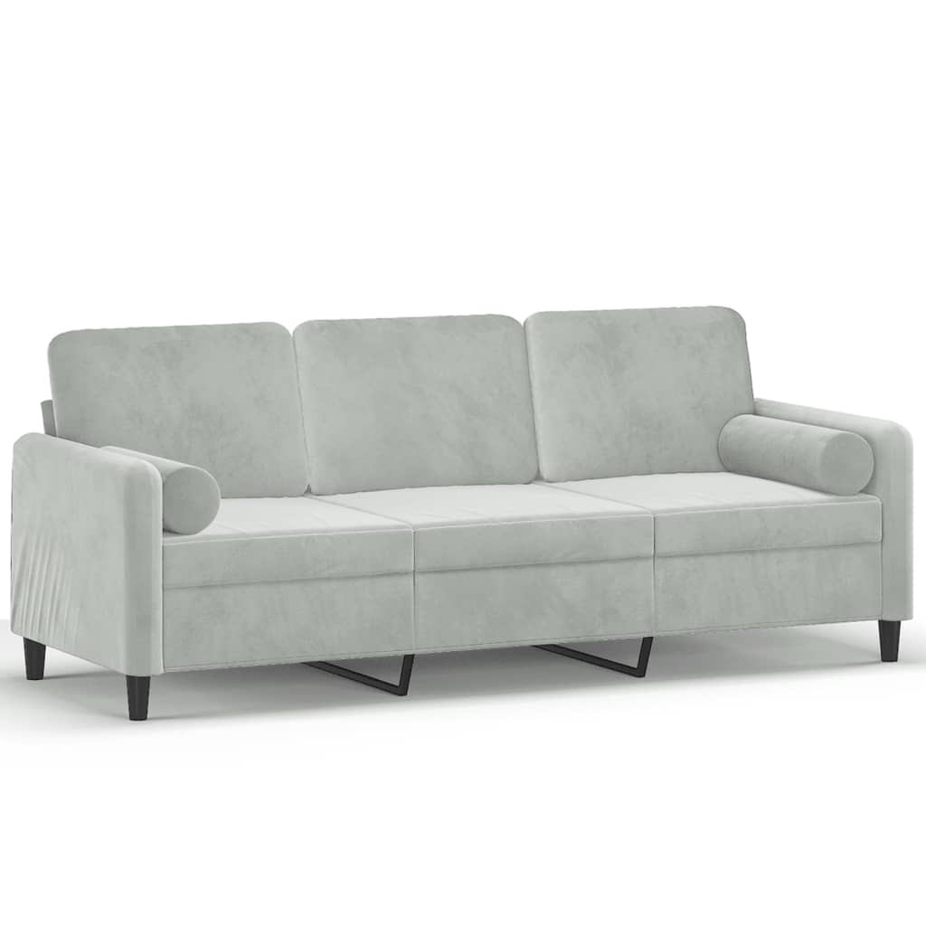 3-personers sofa med pyntepuder 180 cm velour lysegrå