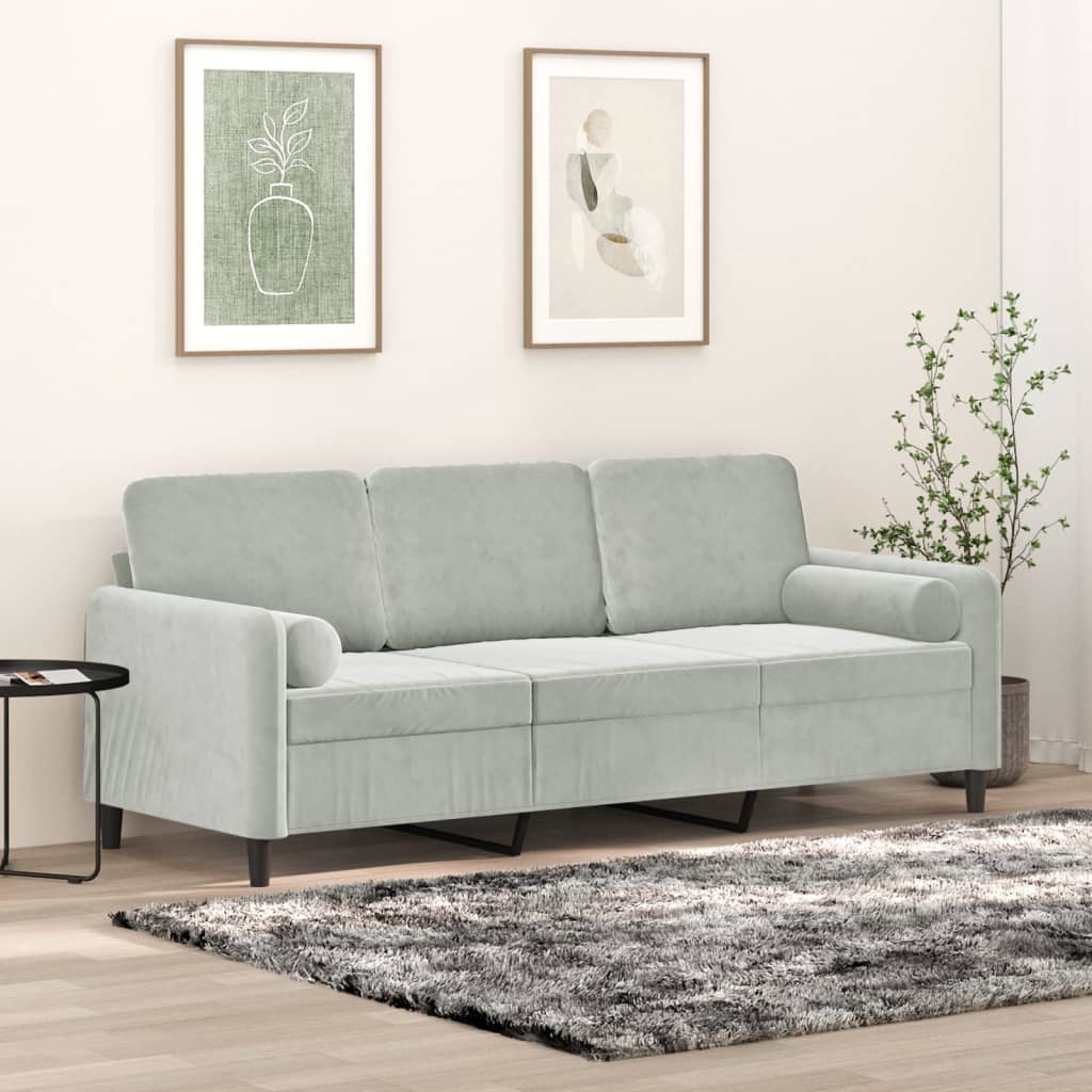 vidaXL 3-personers sofa med pyntepuder 180 cm velour lysegrå