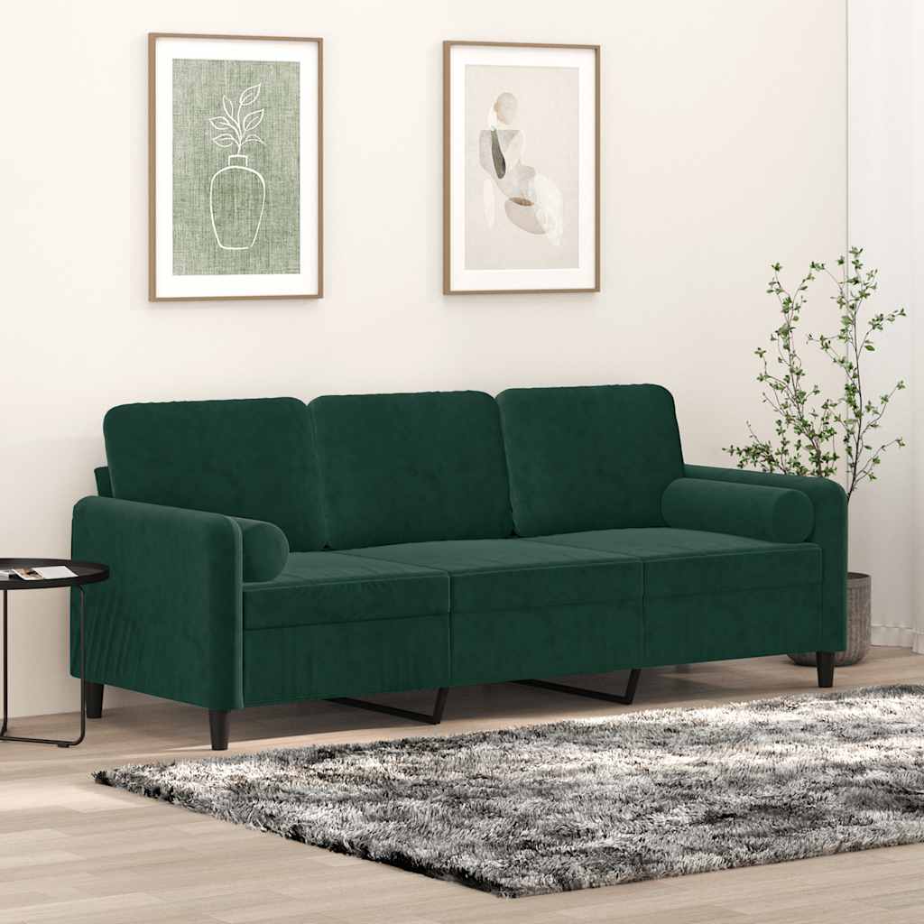 vidaXL 3-personers sofa med pyntepuder 180 cm velour mørkegrøn