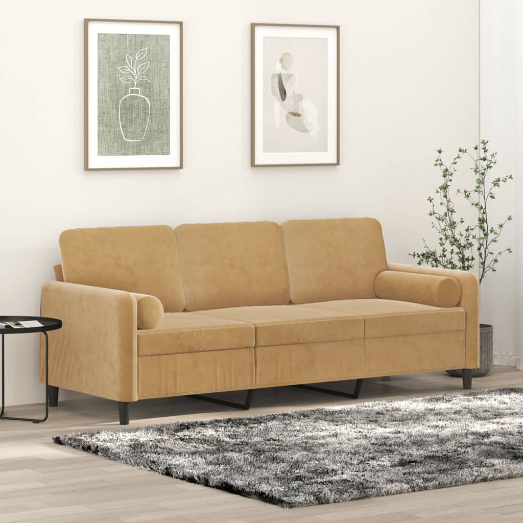 3-personers sofa med pyntepuder 180 cm velour brun