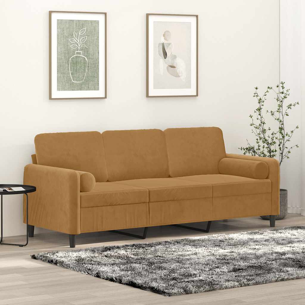 3-personers sofa med pyntepuder 180 cm velour brun