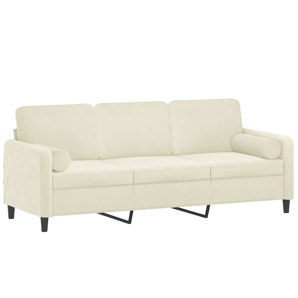 3-personers sofa med pyntepuder 180 cm velour cremefarvet