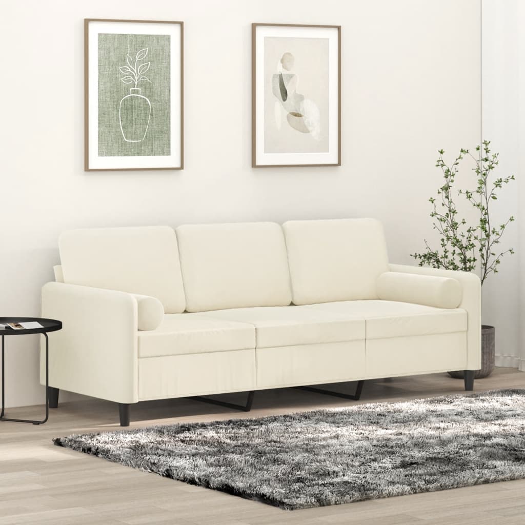 3-personers sofa med pyntepuder 180 cm velour cremefarvet