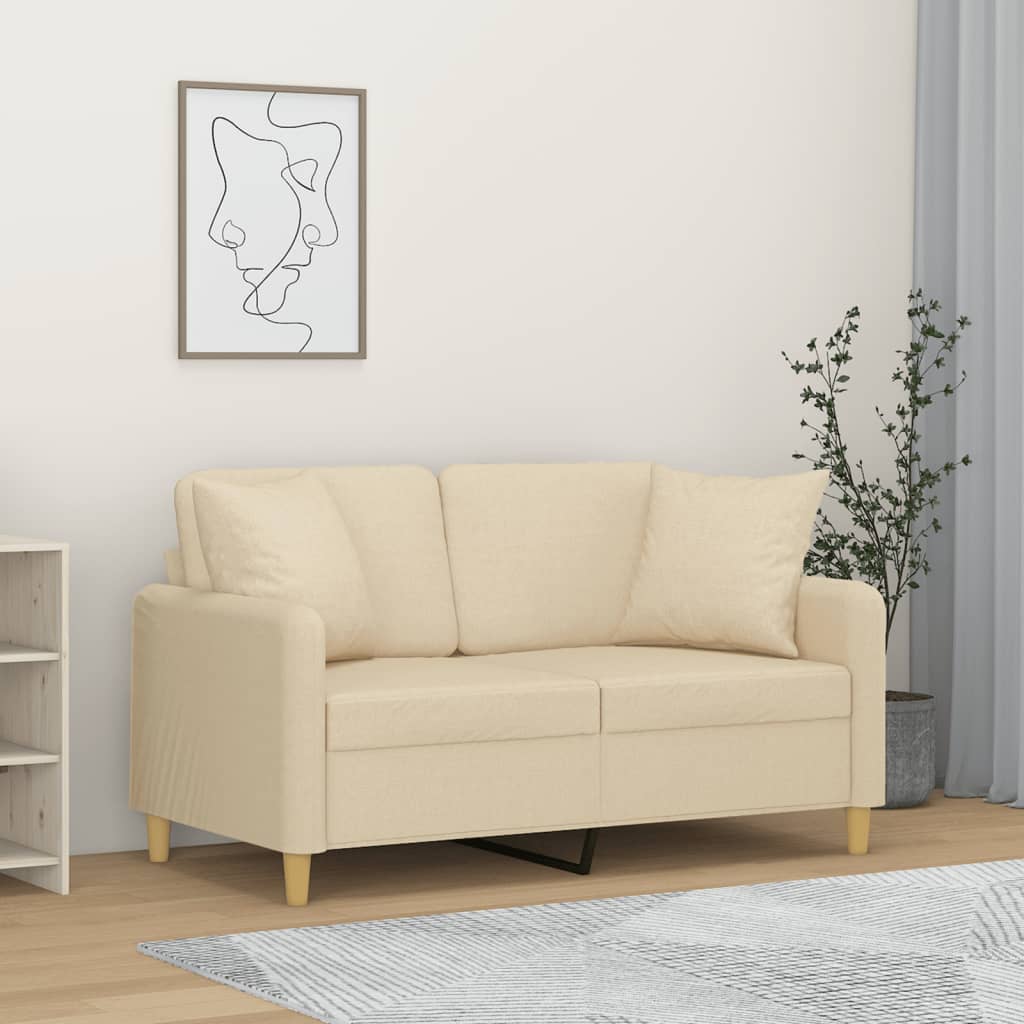 2-personers sofa med pyntepuder - stof, cremefarvet, sædebredde 120 cm