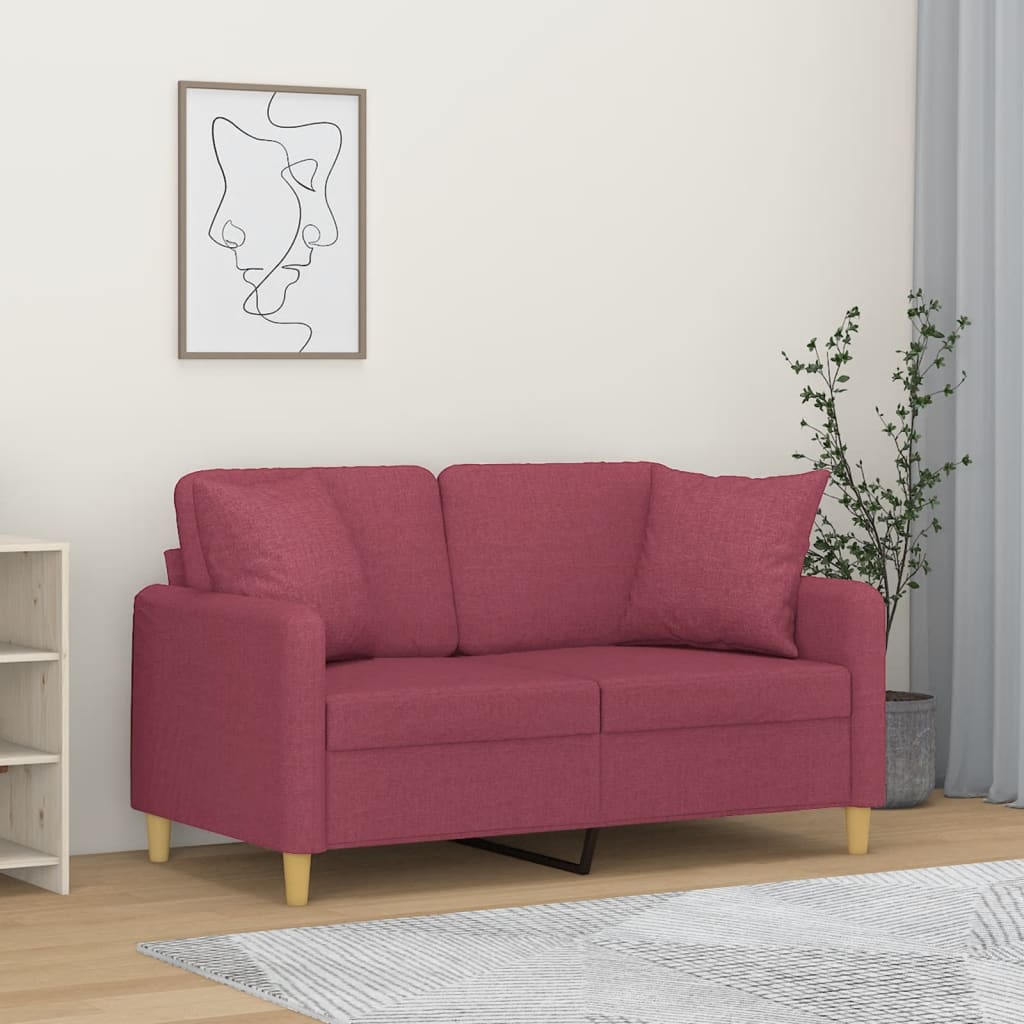 2-personers sofa med pyntepuder 120 cm stof vinrød