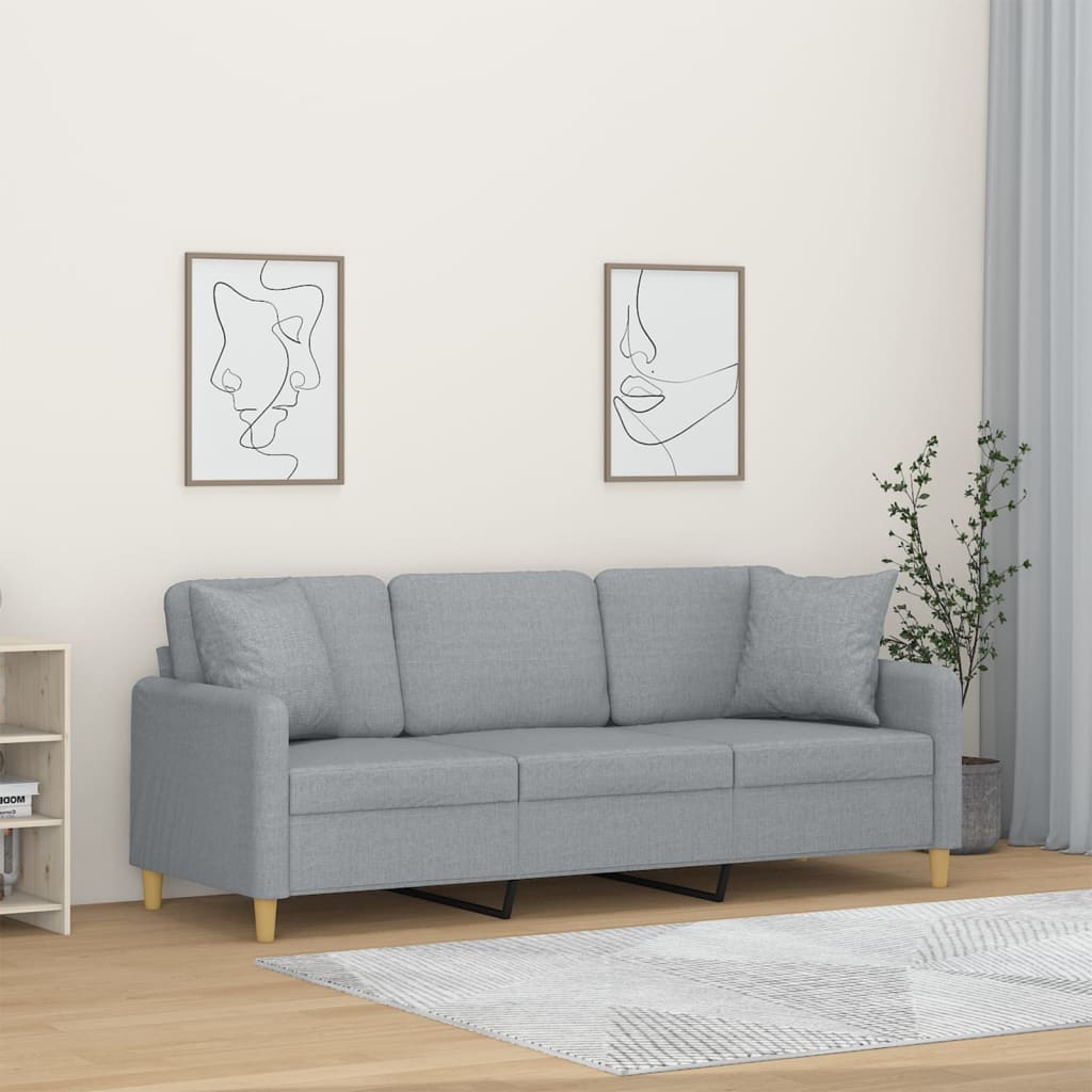3-personers sofa med pyntepuder 180 cm stof lysegr
