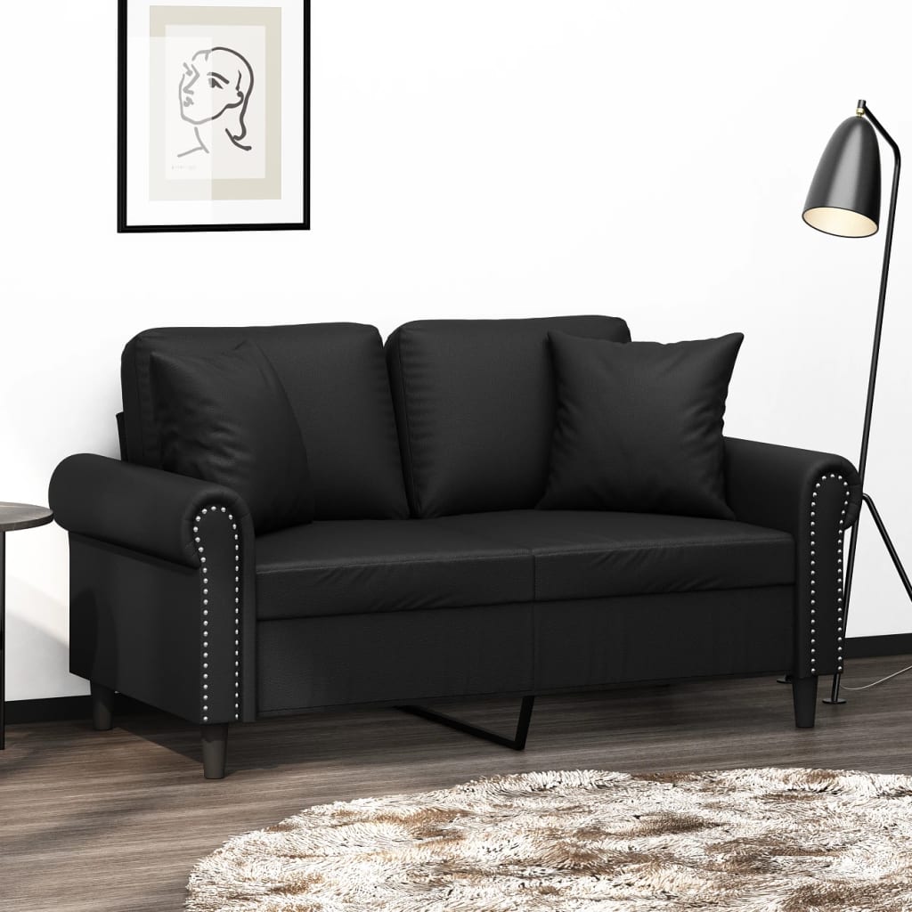 2-personers sofa med pyntepuder 120 cm kunstlæder sort billede