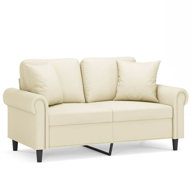 2-personers sofa med pyntepuder 120 cm kunstlæder cremefarvet