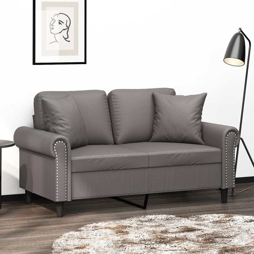 2-personers sofa med pyntepuder - kunstlæder, grå, 120 cm sædebredde