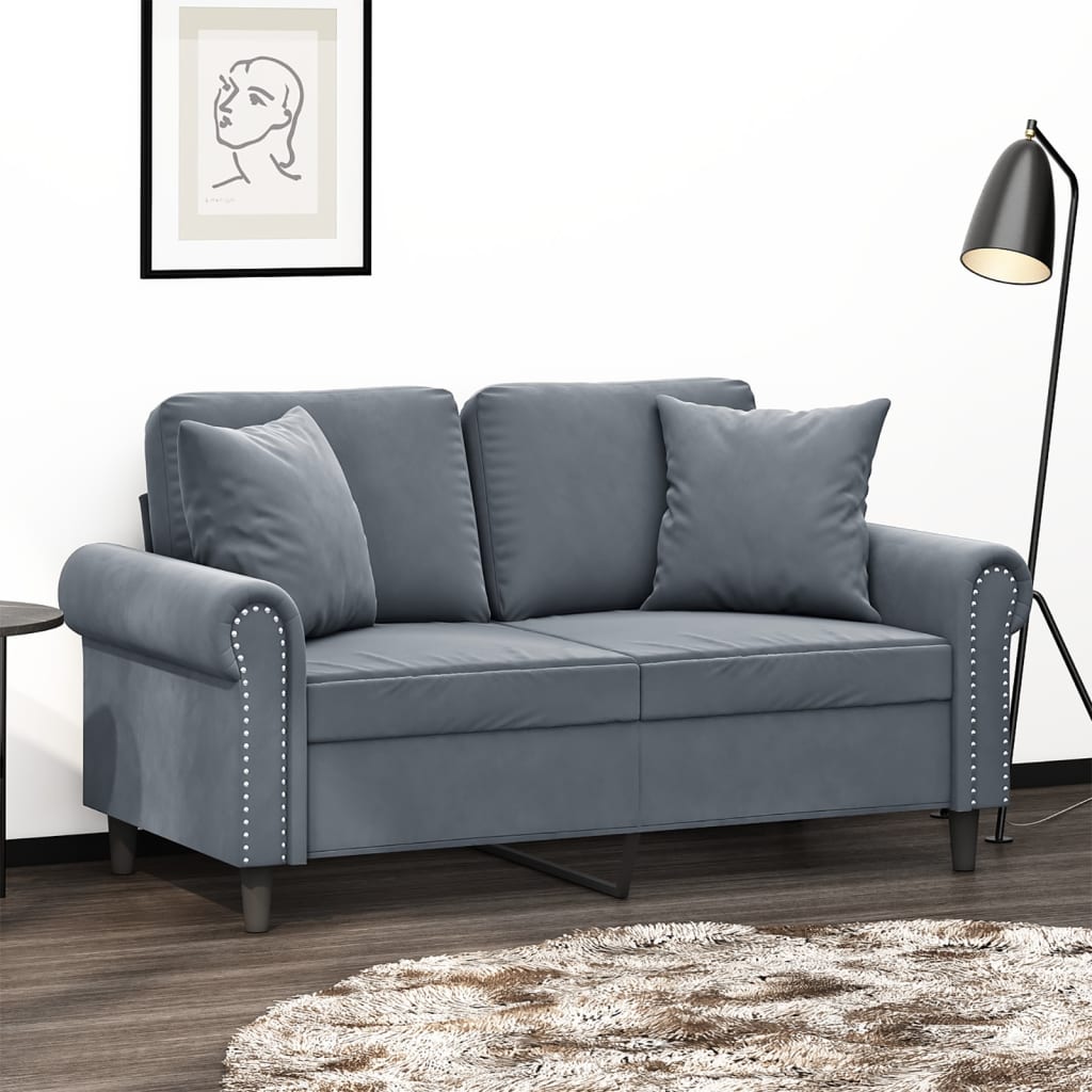 2-personers sofa med pyntepuder 120 cm velour mørkegrå billede
