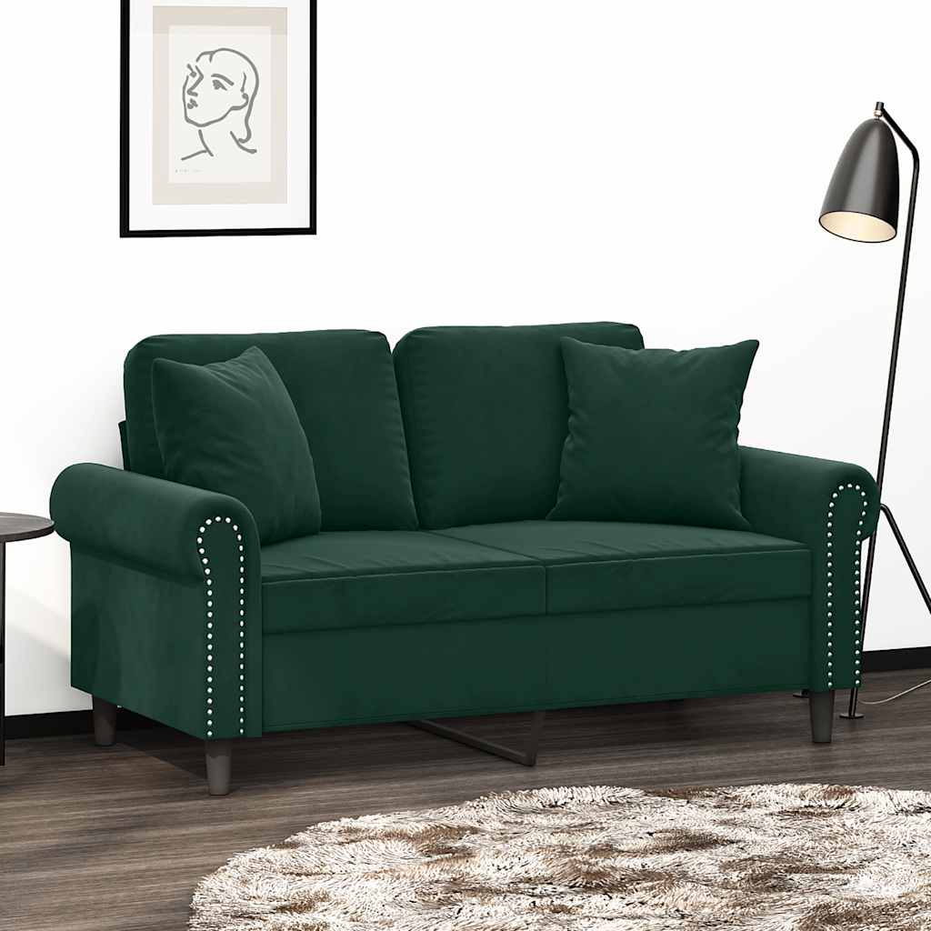 2-personers sofa med pyntepuder - velour, mørkegrøn, sædebredde 120 cm