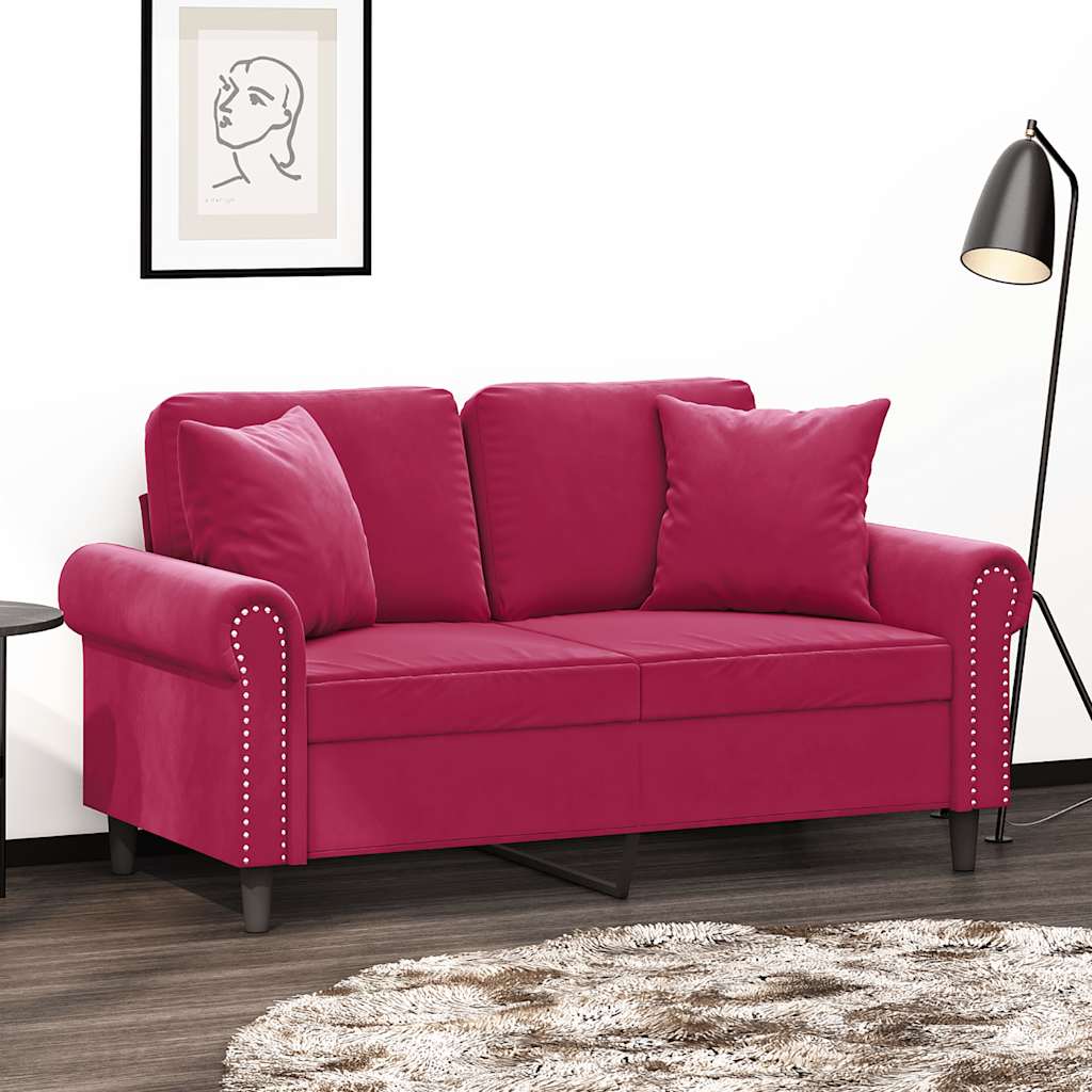 2-personers sofa med pyntepuder 120 cm velour vinrød billede