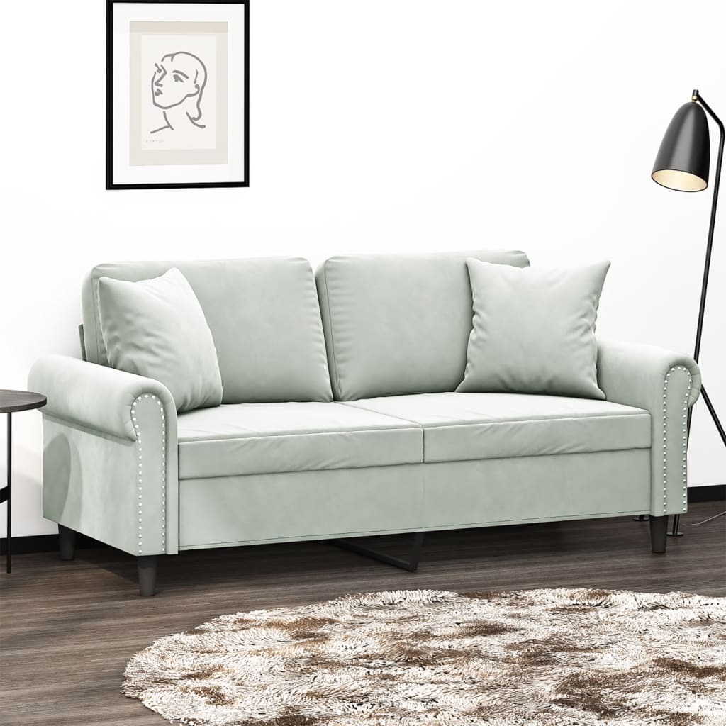 2-personers sofa i velour med pyntepuder - lysegrå, sædebredde 140 cm