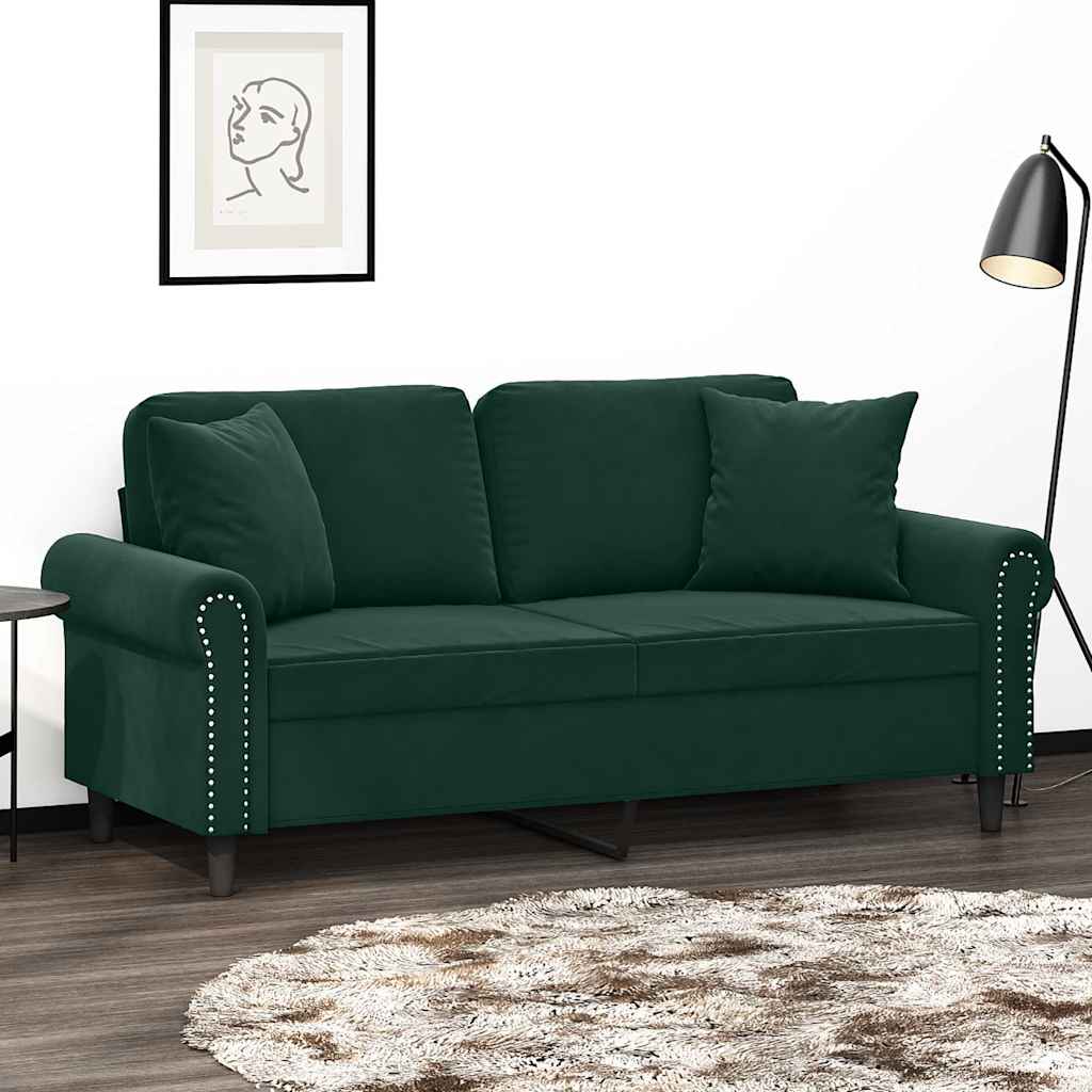 vidaXL 2-personers sofa med pyntepuder 140 cm velour mørkegrøn