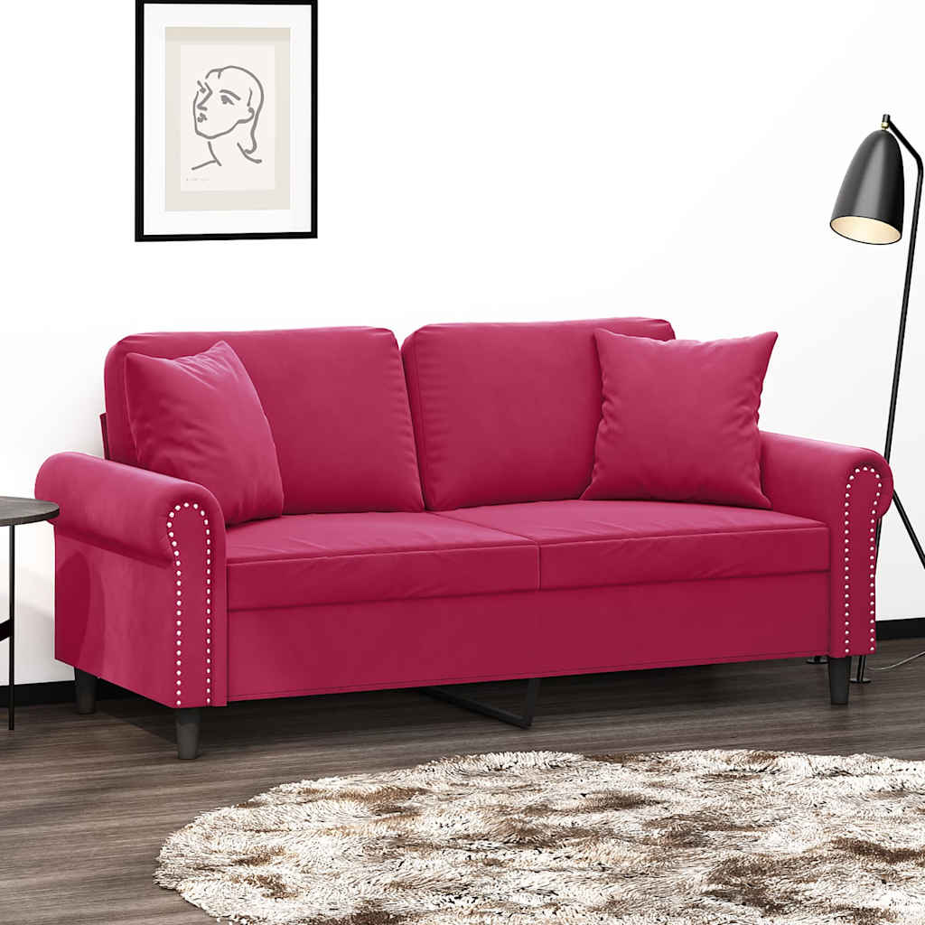 vidaXL 2-personers sofa med pyntepuder 140 cm velour vinrød