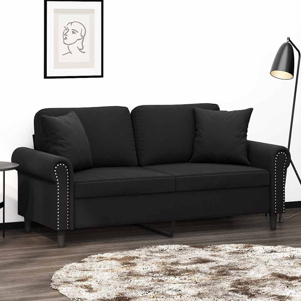 2-personers sofa i velour med pyntepuder - sort, sædebredde 140 cm
