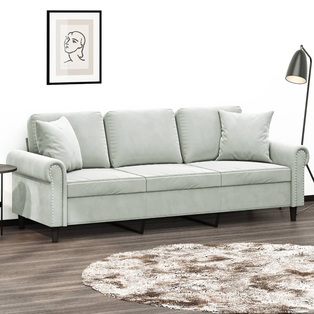 3-personers sofa i velour med pyntepuder, lysegrå - sædebredde 180 cm