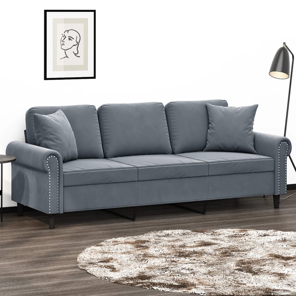 3-personers sofa i velour med pyntepuder - mørkegrå, sædebredde 180 cm