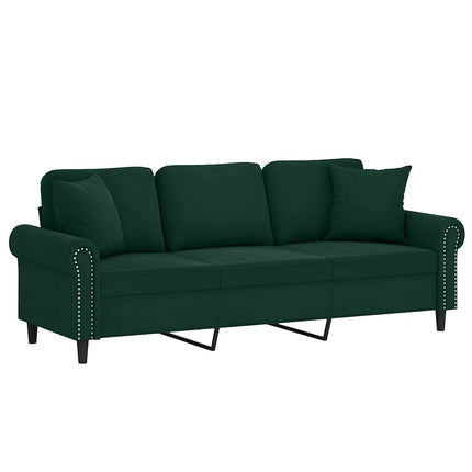 3-personers sofa med pyntepuder 180 cm velour mørkegrøn